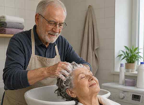 christines-seniorenbetreuung-blog-senioren-engagieren-sich Senior wäscht einer Seniorin die Haare KI